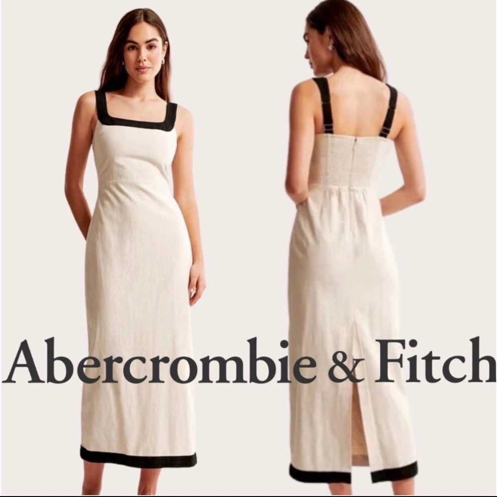 Abercrombie Linen square neck column midi dress size L cream and black